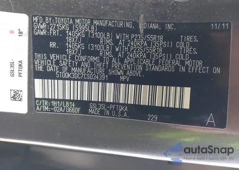 2012 Toyota Sienna Xle 7 Passenger from USA, damaged, VIN 5TDDK3DC7CS034391